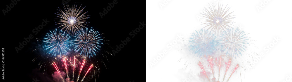 Fototapeta premium Beautiful colorful fireworks display in the night sky, vibrant explosion of light and sparks for celebration, holiday, new year, or festive event background isolated on transparent background