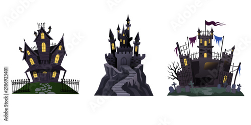 collection of spooky haunted abandoned old castles. halloween concept witchy castles set design isolated on the transparent background vector illustration.