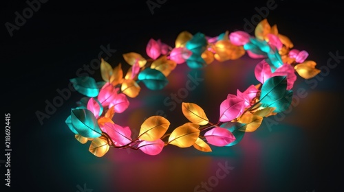 Colorful Flower Garland Lights Glowing in Darkness.