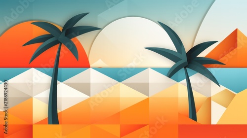 Geometric Tropical Beach Sunset with Palm Trees.