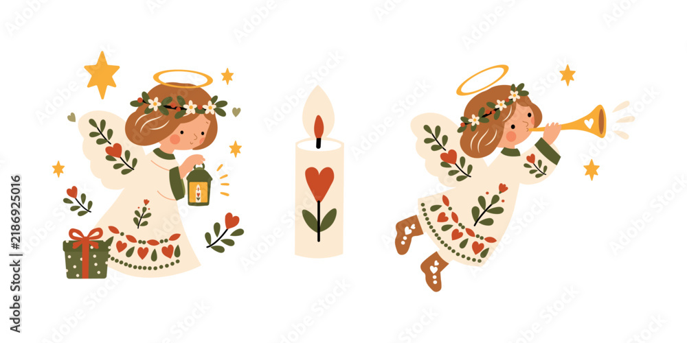 Obraz premium Cute Christmas angels cartoon character set with candle and trumpet vector