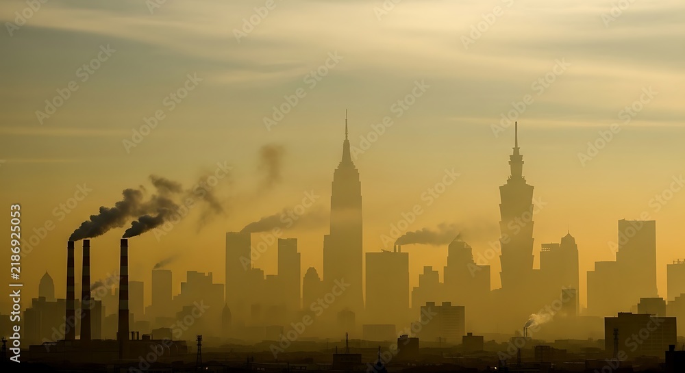 Obraz premium Urban skyline silhouette under heavy atmospheric smog with industrial smokestacks emitting thick exhaust clouds during sunrise