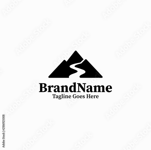 River Mountain Silhouette Vector Logo — Black Image Scenic Valley Badge Isolated on White Background