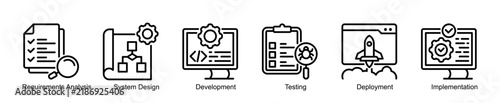 Waterfall Process Flow Infographic Outline Style Icon Set