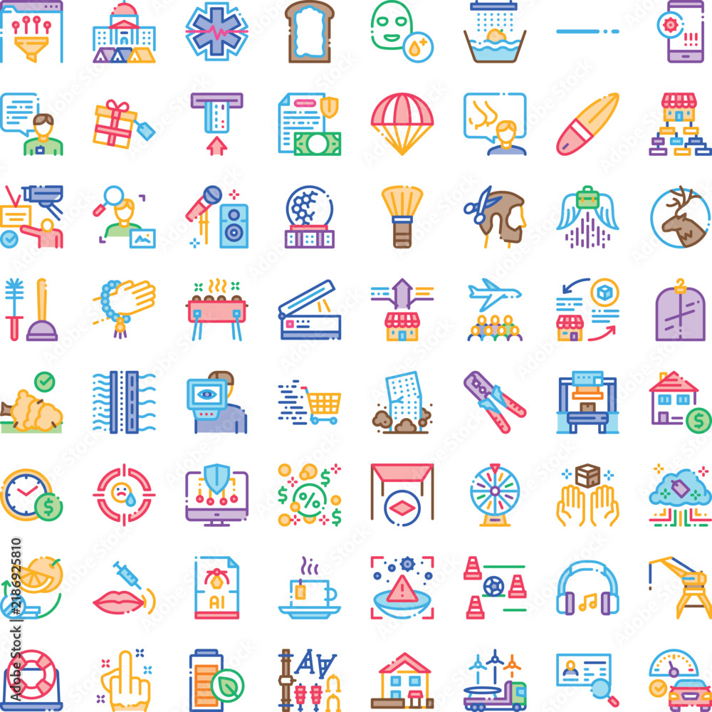 Fototapeta premium Set of diverse vector illustrations featuring colorful flat line icons covering a wide range of topics, perfect for infographic elements, app interfaces, and modern design projects