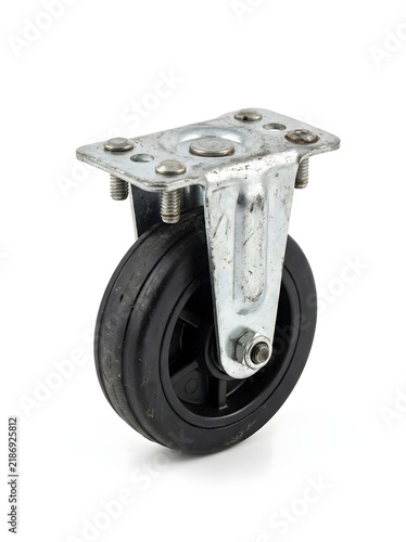 Industrial swivel caster wheel with black rubber tire and metal bracket