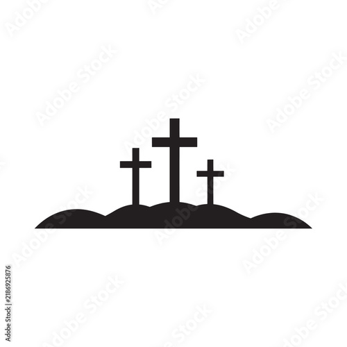 Three crosses silhouette atop a hill against a white background
