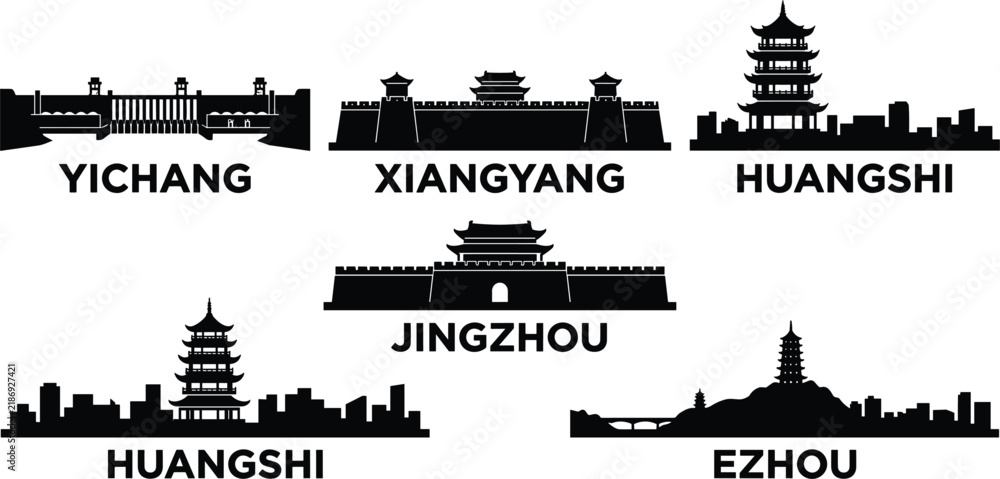 Fototapeta premium Hubei province cities skyline silhouettes bundle featuring Yichang Xiangyang Huangshi Jingzhou and Ezhou landmarks isolated on white background