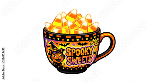 Retro Vintage Halloween Cup Filled with Glowing Candy Corn, Neon Pop Art Illustration on Transparent Background