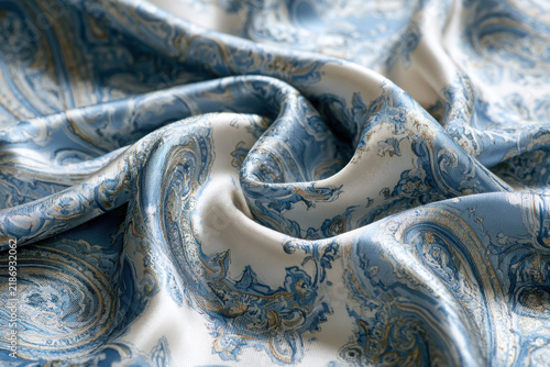 Classic silk scarf paisley pattern laid flat with fabric folds in light blue -  