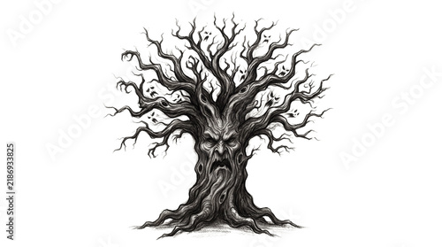 UntitlSpooky Gnarled Leafless Tree with Twisted Branches Forming Subtle Faces, Charcoal Illustration, Transparent Backgrounded design - 2
