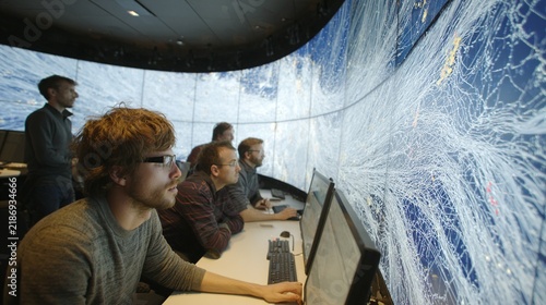 High-Tech Data Analysis Lab at the University of Hamburg Featuring Researchers Engaged in Interactive Data Visualization with Complex Graphs and Stunning Visual Effects