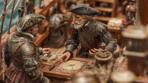 Intriguing Historical Scene Featuring a 16th-Century Ship's Captain Engaged in Navigation with a Fellow Officer on a Traditional Wooden Ship Surrounded by Nautical Equipment