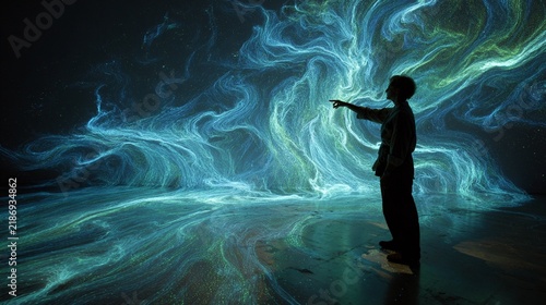 A captivating holographic projection illuminating a dark room, showcasing vibrant swirling patterns of blue and green light as a silhouette gestures towards the mesmerizing display, creating an immers