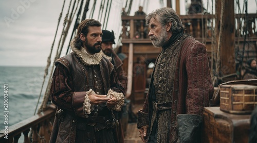 Dramatic Historical Scene Depicting a 16th Century Ship's Captain Engaged in Intense Conversation, Onboard a Classic Sailing Vessel with Nautical Details, Evoking a Sense of Adventure and Mystery