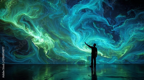 A mesmerizing holographic projection in a dark room illuminates swirling streams of vibrant greens and blues, casting a captivating glow across the floor as a silhouetted figure reaches out in awe.