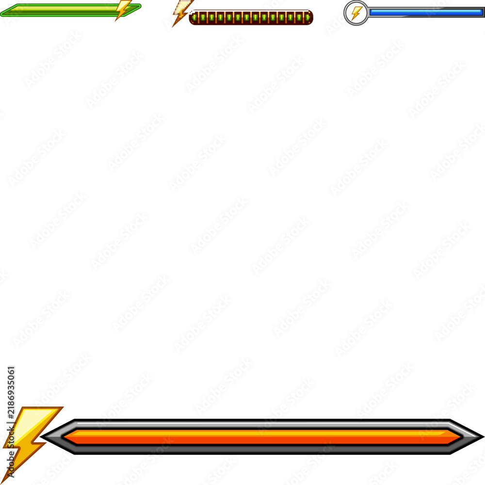 Obraz premium Video game interface elements displaying various energy and power bars with lightning bolt icons, providing visual feedback on status, strength, or progress for players in digital entertainment