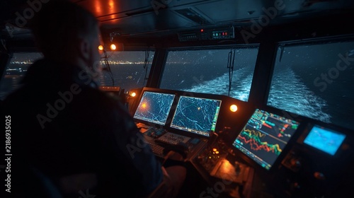Nighttime View from the Bridge of a Modern Container Ship with Brightly Lit Control Panels and a Sea of Glimmering Waves under a Starry Sky