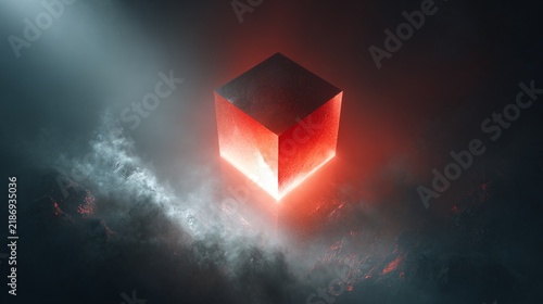 A striking abstract representation of a glowing red cube emerging from a dark, misty landscape, illuminated by beams of light that enhance its powerful and mysterious presence in a digital art style.