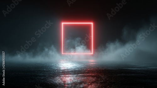 A mesmerizing abstract representation of an illuminated red square emerging from a misty, reflective water surface, creating an ethereal atmosphere in a dark and moody environment.
