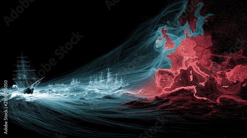 A powerful abstract visualization illustrating the concept of survivorship bias with contrasting elements, depicting ships navigating turbulent waters and the European shoreline, encapsulated in vibra