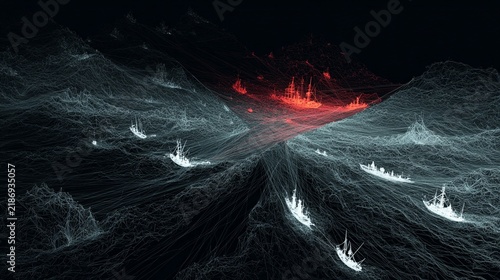 A striking abstract visualization illustrating the concept of survivorship bias through a dramatic representation of ships in a turbulent sea, contrasting white lines on a dark backdrop with vibrant r