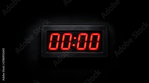 Digital timer displaying zero in glowing red numbers against a black background emphasizing impending deadlines and the finality of passing time