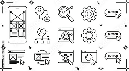 Fototapeta UI UX web development line icon set vector elements for mobile phone app interface website design wireframe optimization