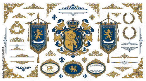 Heraldic Emblems, Crests, Banners, Ornate Flourishes on Transparent Background