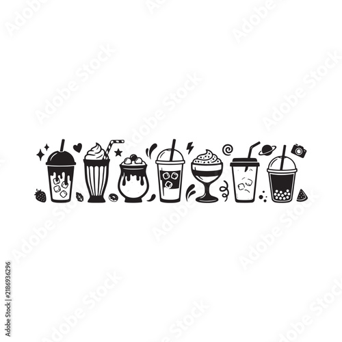 Collection of sketched beverage glasses with toppings black silhouette style