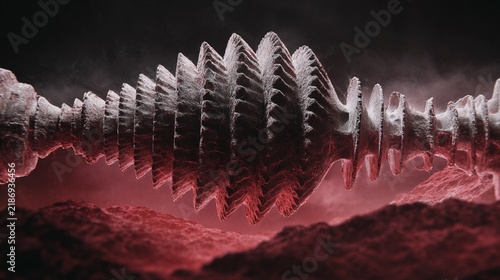 An intricate and powerful conceptual visualization of cascading risks represented by a sharp, spiral object amidst a dramatic, smoky red and black atmosphere showcasing tension and uncertainty.