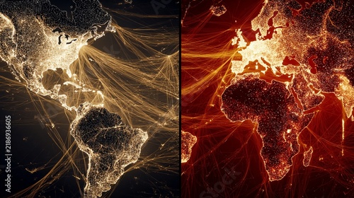 A powerful split-screen visualization of global trade connections, showcasing North America illuminated with bright data lines on the left and Europe and Africa on the right, conveying dynamic movemen