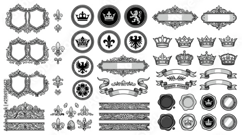 Heraldic Emblems, Crests, Crowns, Seals and Borders - Vector Set