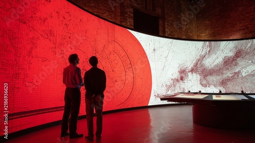 Engaging in Data Insights: Two Professionals Observing an Immersive Large Curved Screen Displaying Powerful Statistical Visualizations in a Modern Exhibition Space