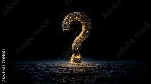A luminous question mark symbol emerging from a dark, misty ocean at night, surrounded by sparkling particles, creating a mystical and thought-provoking atmosphere with reflections on the water surfac