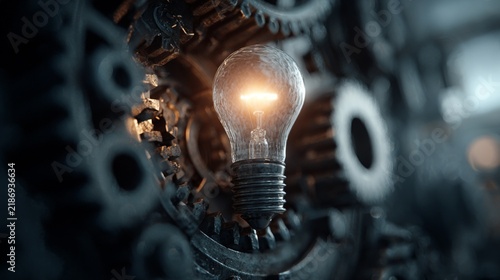 An eye-catching close-up of a glowing lightbulb surrounded by intricate, dark gears, representing innovation and creativity in a steampunk aesthetic, evoking a sense of industrial elegance and ingenui
