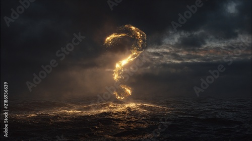 Illuminated Question Mark Floating Above a Dark Ocean, Symbolizing Curiosity and Reflection, Amidst a Dramatic Stormy Sky, Evoking a Sense of Mystery and Wonder