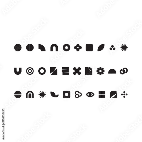 Collection of black flat icons and geometric shapes on a white background