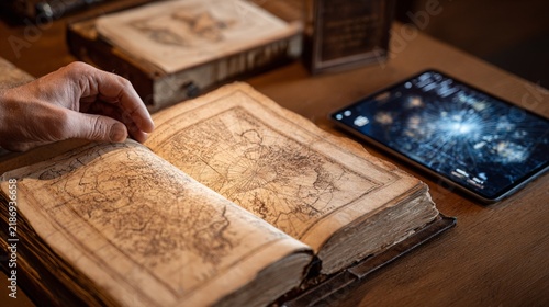 A serene maritime archive scene featuring an open vintage map book being examined by a thoughtful hand, alongside a modern tablet, combining history and technology in a cozy, contemplative environment