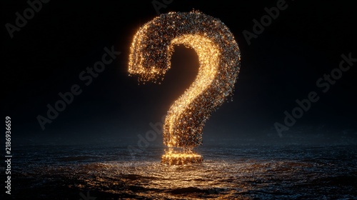A luminous and captivating question mark made of shimmering particles, illuminated against a dark background, symbolizing curiosity, inquiry, and the unknown, reflecting in calm water