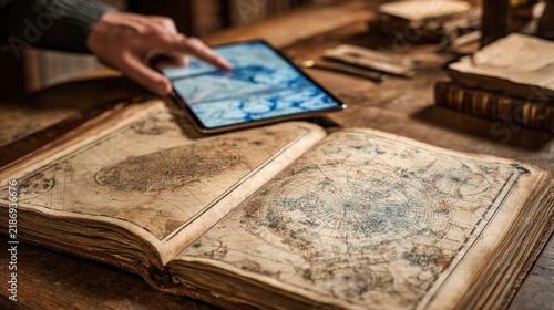 Intricate maritime maps laid open on an antique desk, with a person pointing at a digital tablet displaying nautical charts, capturing a blend of history and modern technology in a serene archive envi