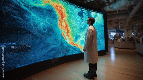 Researcher in a lab coat stands in a modern scientific facility, gazing at a massive, colorful curved display of geographic data showcasing intricate details of land and ocean patterns