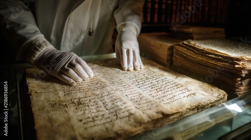 An archivist in a white coat and gloves carefully examines ancient manuscripts in the Archivo Nacional da Torre do Tombo in Lisbon, surrounded by stacks of historical documents and a dimly lit atmosph