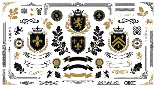 Heraldic Emblems, Crests, Ribbons, Ornaments Isolated Transparent Background