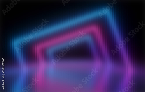 Foto Abstract glowing neon square tunnels receding into distance in blue pink and pur