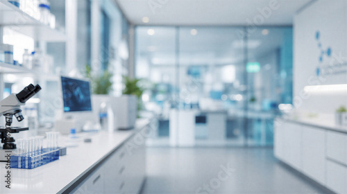 A modern laboratory with a microscope and computer on a white counter