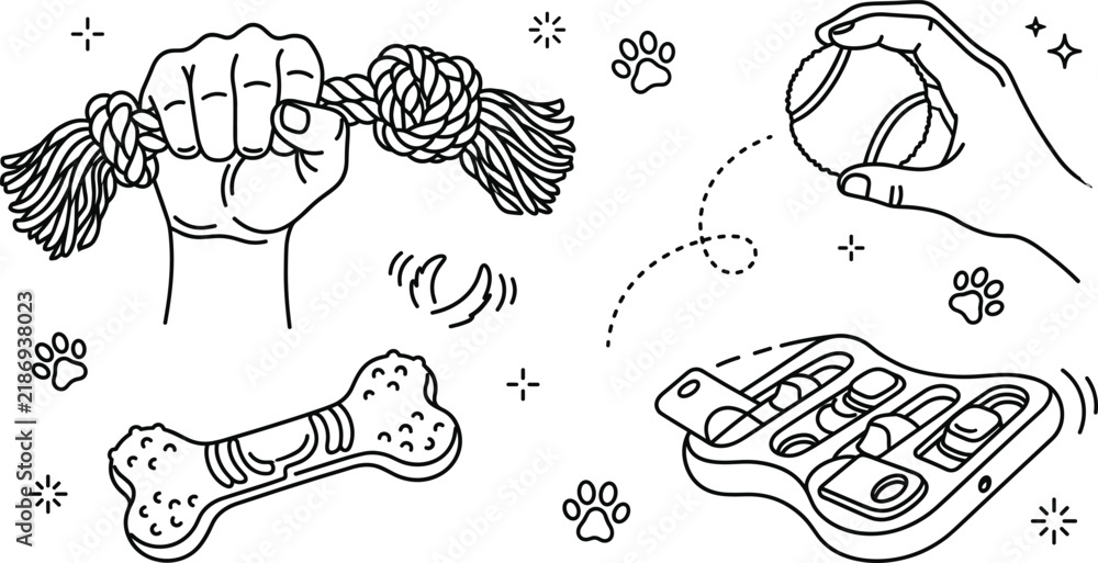 Obraz premium Dog Training Toys and Interactive Pet Care Line Art Icon Set with Hand
