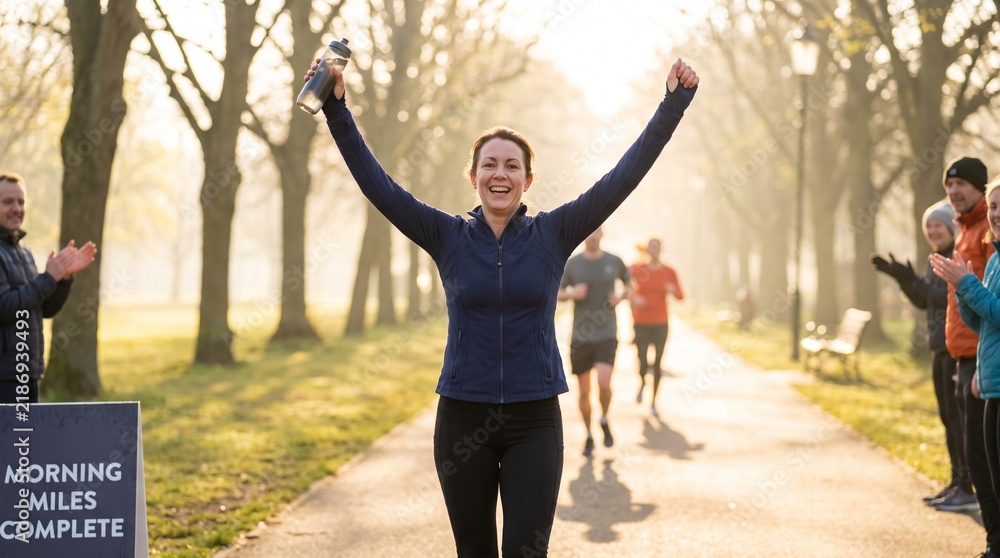 Obraz premium Woman celebrates finishing a race with arms raised in victory.