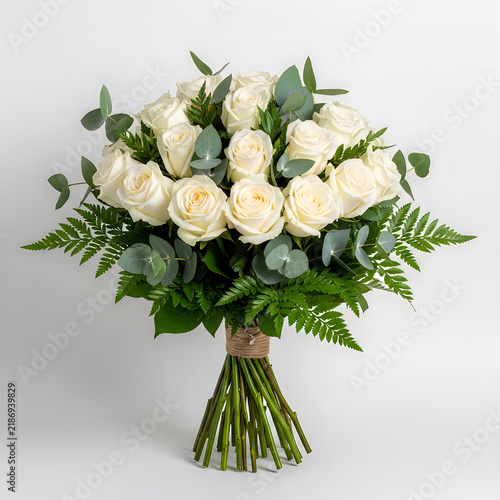 Elegant white roses bouquet with greenery and fern leaves