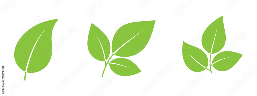 Fototapeta premium Green Leaf icon set featuring single, double, and triple organic leaves for nature logos, eco branding, botanical symbols, and modern design